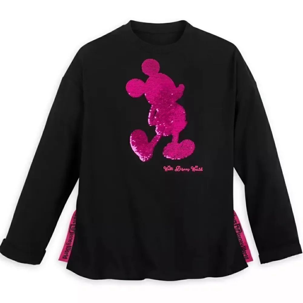 Disney Parks Micky Mouse Reversible Pink Silver Sequin Black Sweatshirt